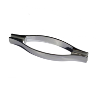 Curved, back-to-back shower door handles made from high-quality stainless steel with a shiny gloss chrome finish, arranged diagonally on a white background. The sleek, arc-shaped handles measure 200mm in length and 21.5mm in width, specifically designed as easy-fitting replacements for glass shower doors with mounting holes spaced 14.5cm apart.