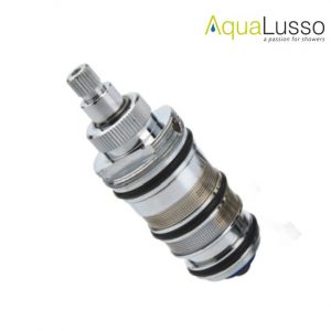 A high-resolution studio image of an Aqualusso thermostatic cartridge, shown isolated against a white background. The cartridge features a cylindrical metal body with multiple precision-machined sections, including a splined control spindle at the top, threaded collar, integrated O-ring seals, and a finely textured mid-section designed to regulate water temperature accurately. This component is the Vernet wax sensor thermostatic cartridge fitted inside Aqualusso three-dial thermostatic shower mixer valves, where it is responsible for maintaining a consistent and safe water temperature. It is commonly replaced when an Aqualusso steam shower, shower cabin, or steam shower bath begins running lukewarm, excessively hot, or becomes difficult to adjust due to a seized or failing cartridge. The cartridge design incorporates both a grub screw fixing and a threaded fitting, making it compatible with the different valve assemblies used across Aqualusso models since 2007. It is suitable for Aqualusso Alto and Opus shower cabins, including models now sold exclusively through Victorian Plumbing. This replacement cartridge is supplied as Aqualusso part number SP182 and uses a genuine Vernet nylon wax sensor, offering improved reliability and temperature stability compared to standard thermostatic cartridges. Depending on production batch, the cartridge may be supplied in either a brass or chrome-finished steel exterior; both versions use the same high-quality Vernet internal sensor and are fully compatible replacements for the original cartridge fitted to Aqualusso shower systems.